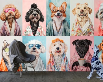 Dog grooming wallpaper with breeds for pet salon or veterinary clinic, removable wall mural self-adhesive, business accent art decor paper
