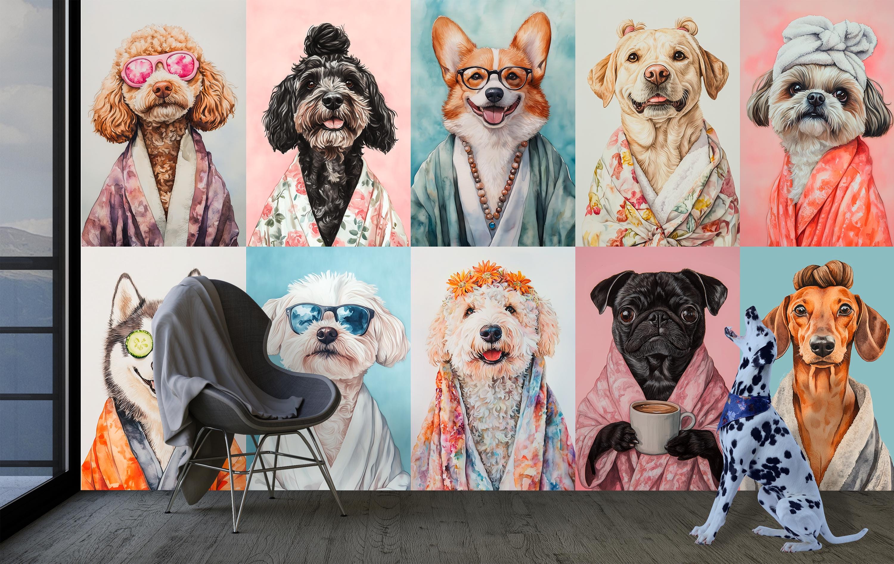 Dogs Wall Mural Wallpaper, Self Adhesive Dogs Wallpaper for Grooming Salon, Art Wallpaper with Dogs for Veterinary Clinic, Dogs Mural RG2