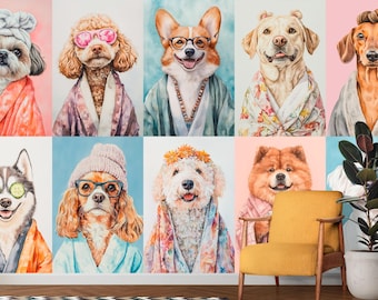 Funky kids room mural wallpaper for girls and boys, self adhesive dogbreeds nursery wall decor covering, non woven colorful accent paper