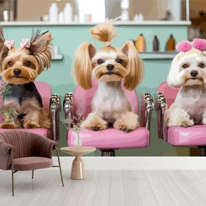 May include: A wall mural featuring three small dogs with groomed fur sitting in pink salon chairs. The dog on the left has pink bows, the center dog has a topknot, and the dog on the right has pink pom-poms. The background shows a salon counter.