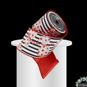 FARRISILK Wired Ribbon: Black & White Stripe with Candies, 4&quot; x 10yds