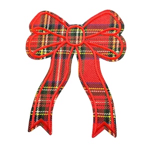 May include: A red plaid bow with a red outline. The bow has a classic shape with two long, flowing tails. The plaid pattern includes red, green, yellow, and white. This decorative bow is perfect for adding a festive touch to gifts or crafts.