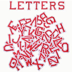 May include: Red embroidered letters with white borders, scattered on a white background. The word "LETTERS" is displayed above the scattered letters. These patches are ideal for customizing apparel and accessories.