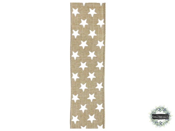 BEIGE RIBBON W/ Random White Stars | Wired Ribbon | Patriotic Parties |  Ribbon is sold by the Roll | 1.5 X 10YDS | Primitive Ribbon