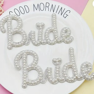 Elegant White Pearl Bride Iron On Patch with Crystal Rhinestones, Sparkling Wedding Applique, 5.5 x 2.95 | Gift for Bride | Great for Totes