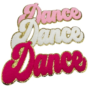 May include: Three iron-on patches with the word "Dance" in a cursive font. The patches are pink, white, and red with gold glitter trim.