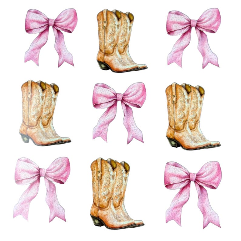 May include: Watercolor illustration featuring pink bows and cowboy boots. The boots are tan with intricate stitching and a pointed toe. The bows are a soft pink with long, flowing ribbons. The items are arranged on a white background.
