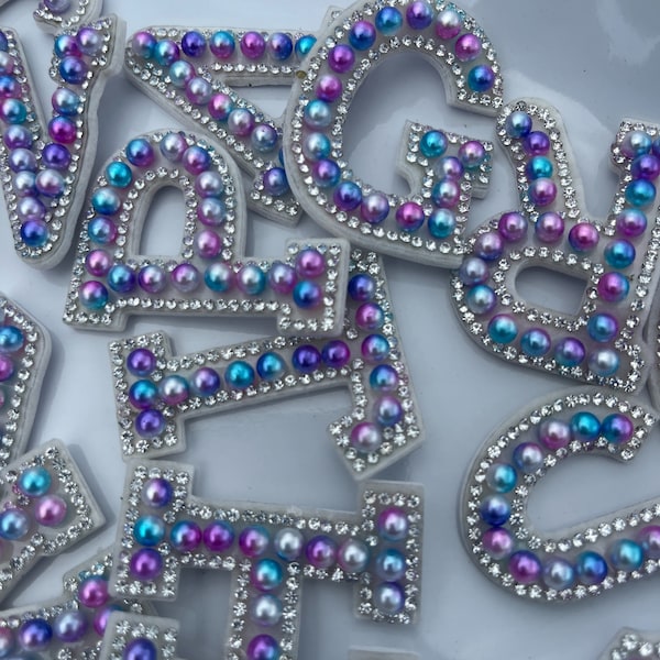 JEWEL TONED PEARL Letters w/ White Crystals Surrounding  | Stick on | Letter Patches | Good for Bags, Bridal Party Gifts, Make-Up Bags