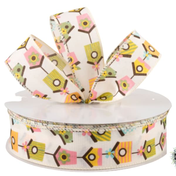 BIRDHOUSE WIRED RIBBON | Spring/Summer Ribbon | 1.5" X 5yd Increments | Used for Wreaths, Bows, Gift Wrapping & Door Hangers