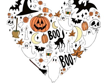 May include: A heart-shaped Halloween illustration with a jack-o'-lantern, ghosts, bats, and the word "BOO". Other elements include candy corn, coffee cups, and a black cat. The design is in orange, black, and white.