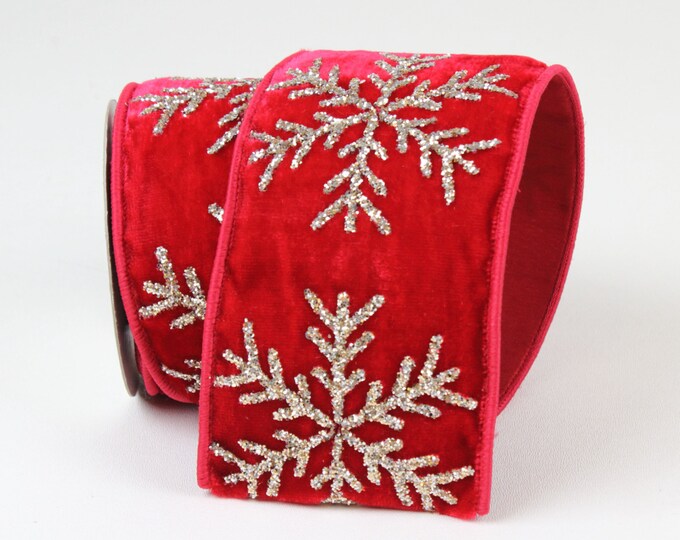 Red Velvet Holiday Ribbon With Gold/silver Glitter Snowflake 4x 5yds Etsy