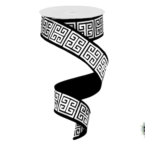 Greek Key Design RIBBON | Blk & Wht Wired Ribbon | 1.5" X 10Yds | Sold by the Roll | Good for Wreaths, Bows and Gift Giving |