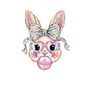 May include: A whimsical illustration of a bunny with pink fur, wearing heart-shaped glasses and a polka-dot bow. The bunny is blowing a pink bubblegum bubble. The ears are decorated with hearts and colorful accents.