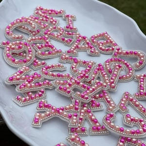 Shades of PINK PEARL Letters w/CLEAR Crystals Surrounding | Stick on or Glue on | Good for Bags, Bridal Party, MakeUp Bags | Letter Patch |