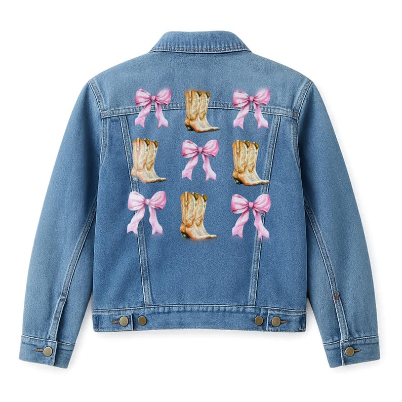 May include: A light blue denim jacket featuring a pattern of pink bows and cowboy boots. The boots are tan with brown accents. The jacket has a classic collar, button closures, and pockets.