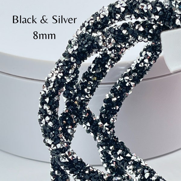 GLITTER ROPE | Sequin Rope | Black & Silver | Sold by the Yard | 8mm | Make Flower Centers | Jewelry Making Supplies | Wreath Attachments