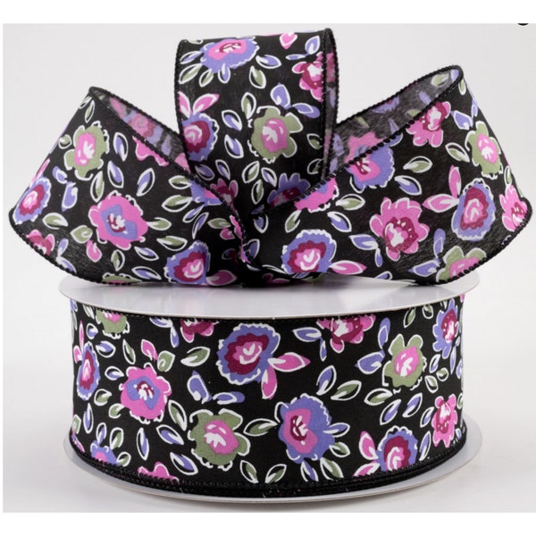 Electric Flowers Satin Ribbon: Black, Sage, Purple, Pink | 2.5" X 5 YDS | Cut to Size | Used for Wreaths, Bows and Home Decor.