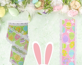 EASTER WIRED RIBBON | Pink or Green with Pastel Eggs | 2.5" X 10 Yds | Ribbon by the Roll | Ribbon for Wreaths | Ribbon for Bows