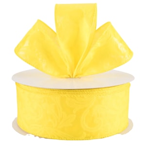 Yellow Embossed Leaf Wired Ribbon | Weatherproof | 2.5&quot; x 5 Yards – Elegant Textured Design for Bows, Wreaths, Gifts & Crafts