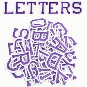 May include: A collection of purple embroidered letters with white borders. The word "LETTERS" is displayed at the top. These fabric letters are ideal for crafting, personalization, and adding a unique touch to various projects.