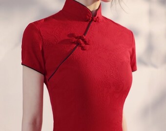 Modern qipao,  Chinese dress, Chinese Cheongsam, red qipao with prints, mandarin collar, super short dress