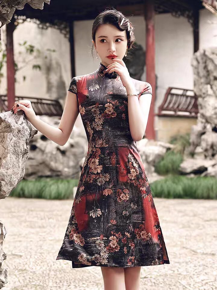 Traditional Chinese dress Knee length Cheongsam flower | Etsy