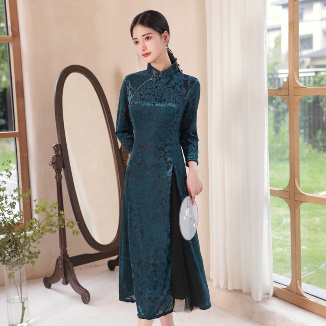 Modern Chinese Qipao Aodai Qipao Green Jacquad Floral Aodai - Etsy