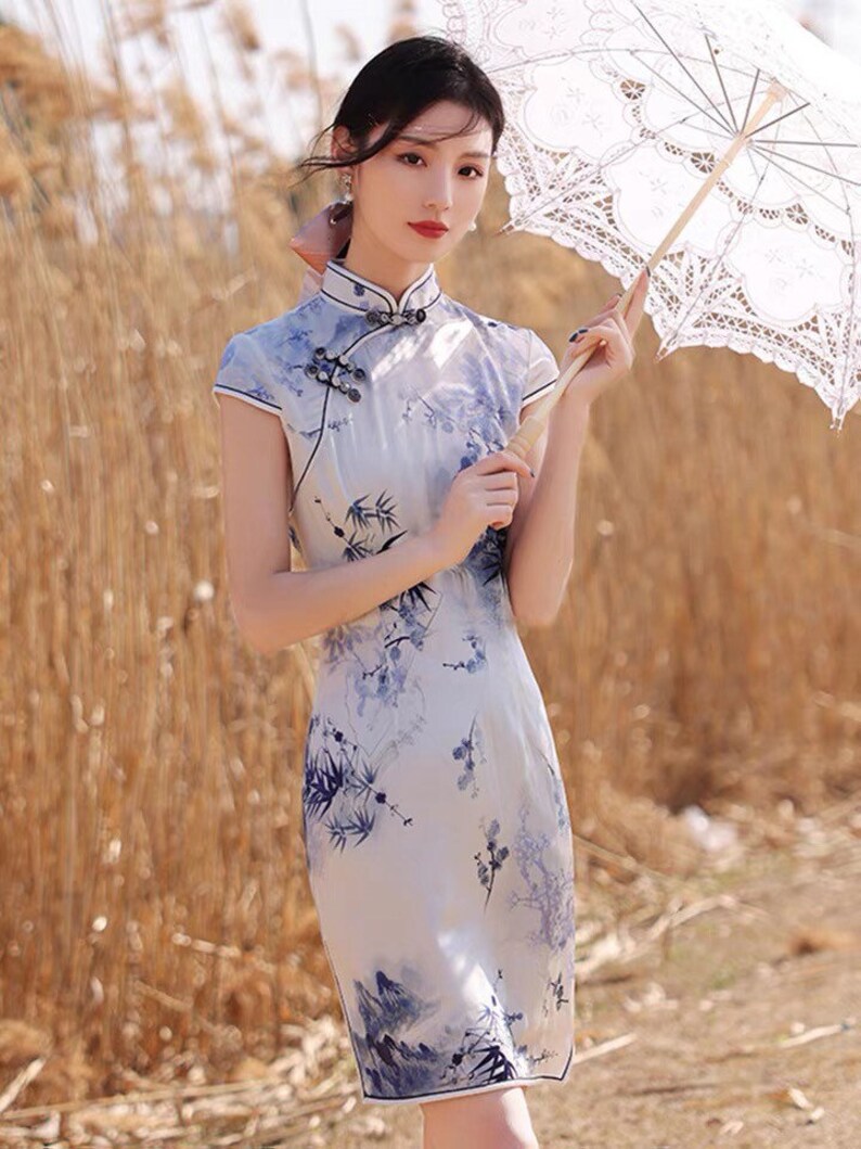 chinese evening dress cheongsam Floral Sequins Cap Sleeve Traditional Cheongsam Chinese Evening Dress Purple / L