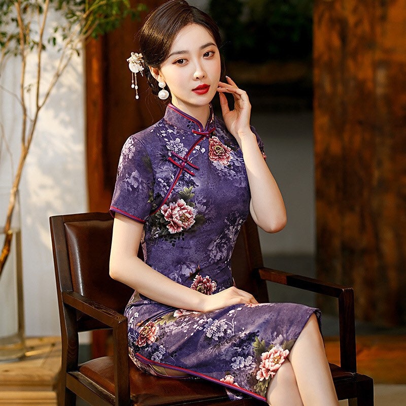 Vintage Purple Chinese Party Dress Knee Length Size L /UK 10/ EU 38/  Brand New 