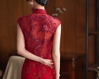 Chinese wedding dress, lace floral pattern, lace qipao, Red Bridal qipao, beads and sequins, tea Ceremony, mandarin collar