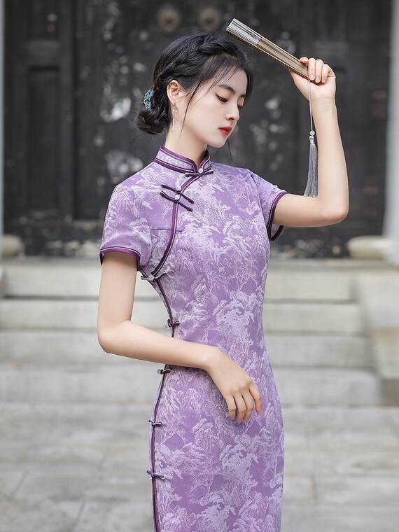 Elegant Chinese Cheongsam Dress Light Purple Qipao Ball Gowns Long Evening  Dresses Mandarin Collar - Etsy Singapore
