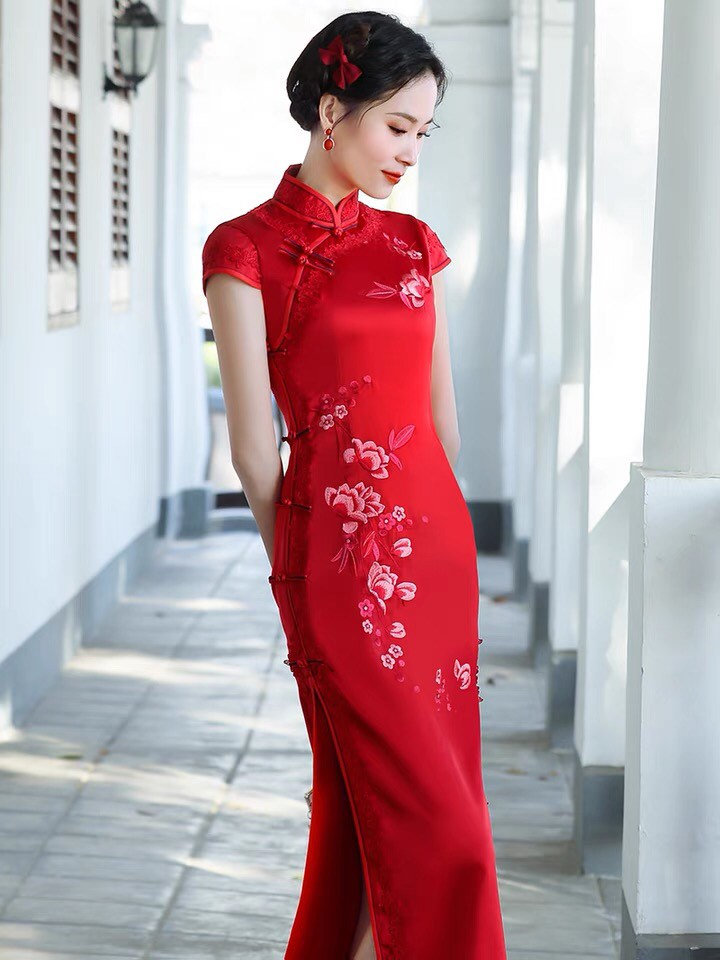 Chinese Dress Red Embroidered Floral Cheongsam Evening - Etsy Israel