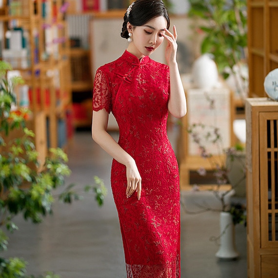 chino Cheongsam chino vestido de encaje rojo -