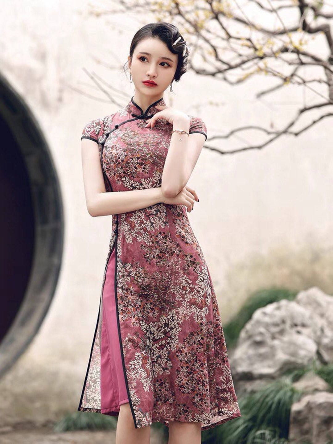 Modern Qipao Chinese Dress Knee Length Cheongsam Aodai Etsy