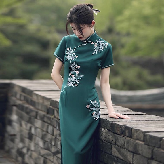 Satin Maxi Cheongsam in Teal – LUXMERRIER