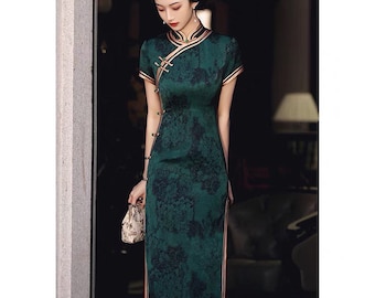 Vintage Dress, Traditional Chinese dress, Chinese Cheongsam, green modern qipao, Ball Gowns, Long Evening Dress, mandarin collar