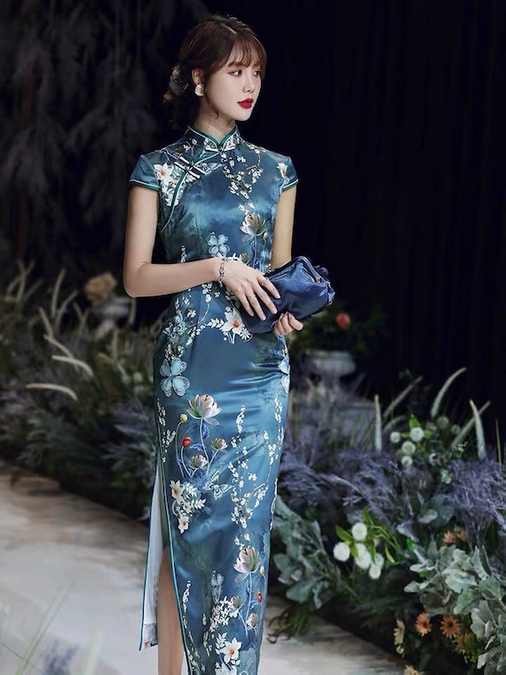 China Cheongsam largo azul lago patrón de flor - México