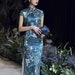 China Cheongsam, Long Qipao, Lake blue color, lotus flower prints, short sleeve, mandarin collar 
