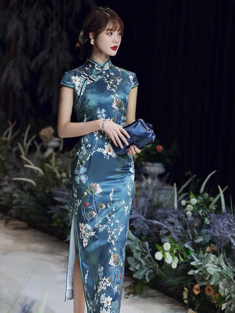 China Cheongsam, Long Qipao, Lake blue color, lotus flower prints, short sleeve, mandarin collar 