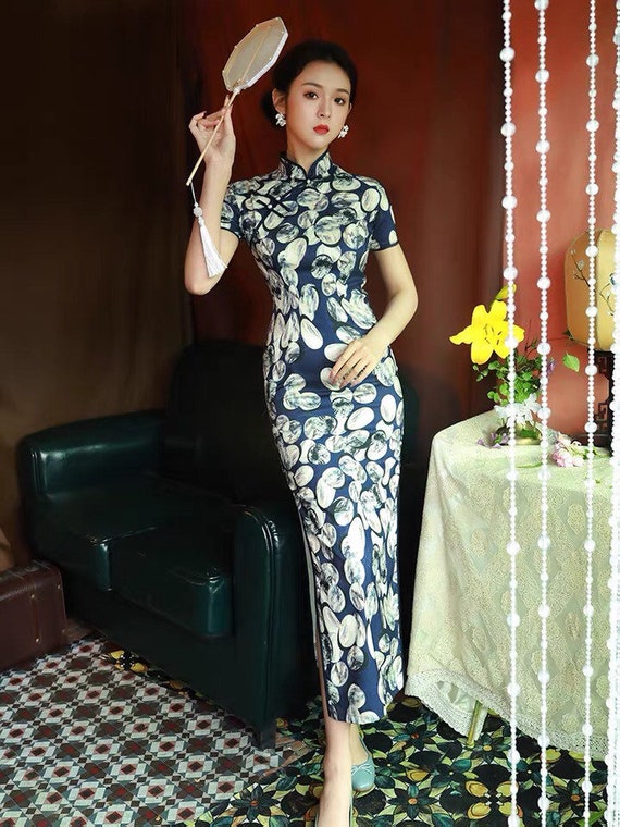 Long Chinese Cheongsam Qipao Dress Blue Color-Fast Ship from IL US 