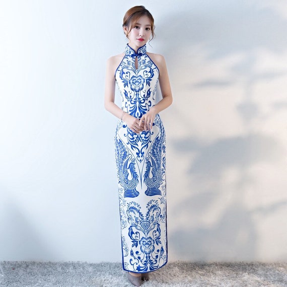 Traditional Chinese dress, Cheongsam Dress, Evening Dress, Floral prints, halter neck
