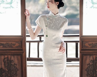 China Cheongsam, Long Qipao, white qipao, floral pattern, minimalistic design, mandarin collar