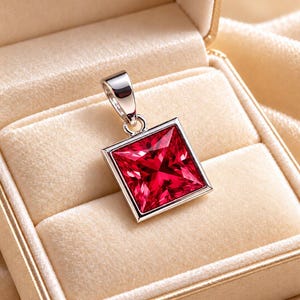 Pink Ruby Pendant, 8mm Square Princess Cut Ruby Necklace, Solid 925 Sterling Silver Pendant, Handmade Geometric Charm, Gift for Her