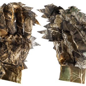 May include: A pair of camouflage hunting gloves with a jagged edge design. The gloves are made of a brown, green, and tan fabric with a camouflage pattern.