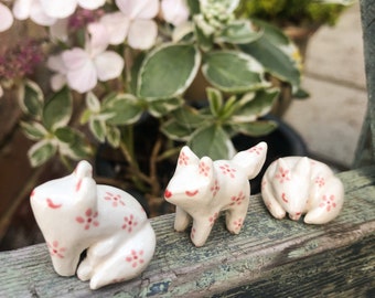 Handmade miniature pastel pink floral fox figurines