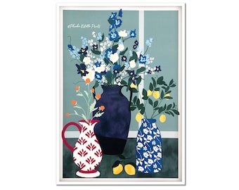Blue Florals Art Print / Ceramics / Home decor / Wall Art / Lemons / Floral Print / Botanical Print / Floral Art / Interior Art