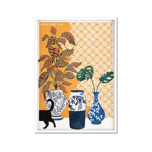 Mediterranean Garden / Botanical Print / Cat Print / Black Cat / Plant Print / Monstera / Ceramics / Home decor / Wall Art / Gallery Wall