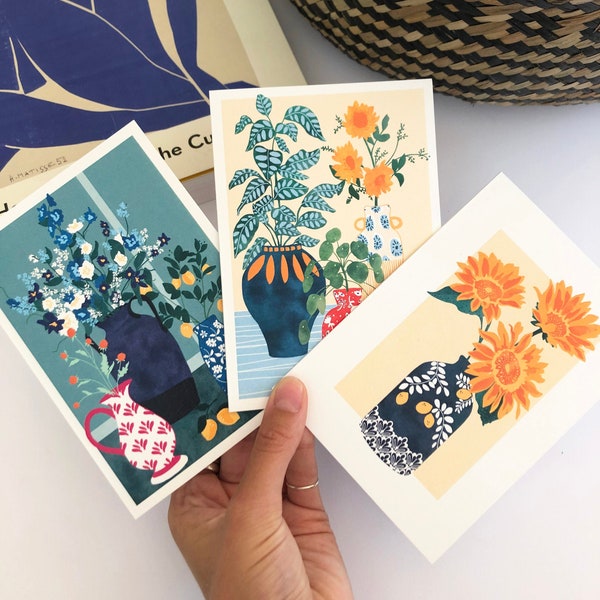 Pack of 6 Botanical floral Cards / Plant designs / Greetings cards / Bright Colours / Lemons / Floral Print / Botanical Art / Notelets