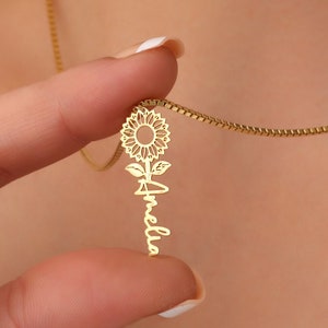 Collar de girasol para mujer, collar con nombre y cadena de caja, regalo de aniversario, collar delicado, regalos para ella, regalos para ella, regalo de Navidad