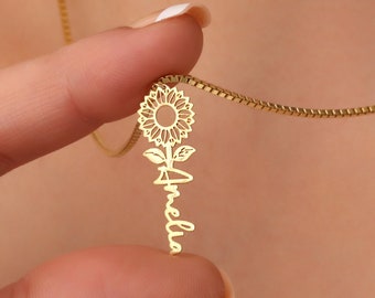 Collar de girasol para mujer, cadena con nombre, regalo de aniversario, delicado, regalo para ella, regalo de Navidad